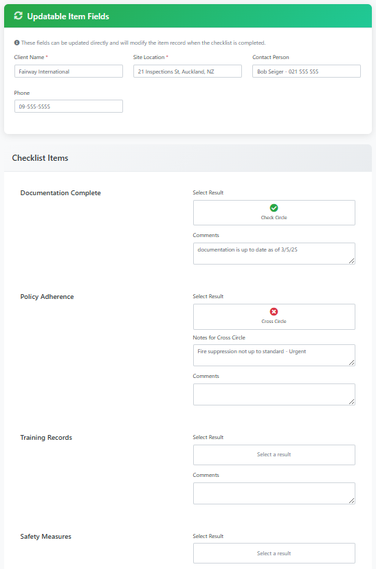 Digital checklist interface showing construction safety inspection with pre-start checks, toolbox talk items, and compliance reporting features